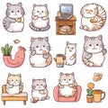 Set of sticker cute cartoon cats doing various Activities isolated on white background. Sticker for kids concept. Created with Royalty Free Stock Photo