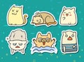 Set of 6 sticker doodle cats with different emotions. Royalty Free Stock Photo