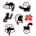 Set of 7 sticker doodle cats with different emotions handmade. Cute funny pets. stay at home with cat. Speech bubble Royalty Free Stock Photo