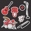 Set sticker of musical instruments, outline cartoon hand drawing, rock and roll vintage icon. Black red drum kit, synthesizer,