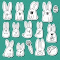 Set 12 sticker rabbit doodle with different emotions. Rabbit Handmade Royalty Free Stock Photo