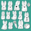 Set 12 sticker rabbit doodle with different emotions. Rabbit Handmade