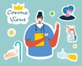 Set of sticker vector elements. Wash hands, hygiene, healthcare, spray sanitizer. Protect against coronavirus concept design