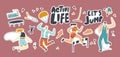 Set of Stickers Active Life, Sport and Hobby Activity. Characters Sing Karaoke, Parachuting, Racing with Obstacles