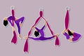 Set. Stickers Aerial with silk ribbon and hammock. Girl. Aerial Yoga. Stretching exercises