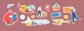 Set of Stickers Air Cargo Transportation Theme. Loader Characters Loading Parcels on Airplane and Helicopter, Winged Box Royalty Free Stock Photo