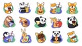 The set of stickers animals hugging food. The cartoon sloth, bunny, fox, cat, panda, dog love eating and drinking