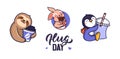 The set of stickers animals hugging food is good for hug day. The logo sloth, bunny, penguin in love