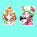 A set of stickers anime characters watercolor