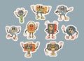 Set Of Stickers, Audio Technique Characters In Cartoon Retro Style. Dynamics, Tape And Recorder, Microphone, Player