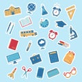 Set of stickers back to school. Educations icons on a blue background