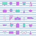 Set of stickers back to school. Educations icons on a striped background