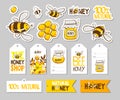 Set of stickers, badges, lables with cute bees, flowers and honey with lettering. Vector illustration EPS 10