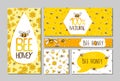 Set of stickers, banners, posters with cute bees, flowers and honey with lettering. Vector illustration EPS 10