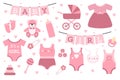 A set of stickers for the birth of a girl. Elements for designing postcards, posts, invitations