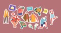 Set of Stickers Boyfriends Giving Flowers to Girlfriends. Young Couples Dating. Love, Human Relations, Gifts Royalty Free Stock Photo