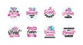 The set of stickers about breast cancer with rays. The pink power