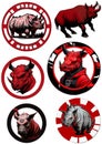 A set of stickers with brutal red rhinoceros. Minimalism, old school, brutality