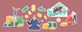 Set of Stickers Bull Market Trading. Characters with Money, Businessman Meditating on Gold Coins and Bills. Bullfighter