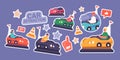 Set of Stickers Bumper Car Attraction in Amusement Park. Children at Fun Fair Entertainment Riding Colorful Dodgem Carts Royalty Free Stock Photo