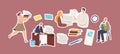 Set of Stickers Bureaucracy Theme. Secretary Woman Carry Heap of Documents. Characters Paperwork, Office Stationery Royalty Free Stock Photo