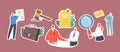 Set of Stickers with Business Characters Shaking Hand, Gavel, Briefcase and Businesswoman with Magnifier, Business Rules