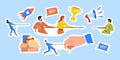 Set of Stickers Business Characters Team Playing Tug-of-war or Rope-pulling Game Against Huge Boss Hand Patches