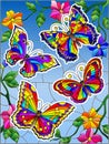 Stained glass illustration with stickers with butterflies on a background of blue sky and bright flowers