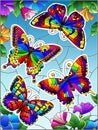 Stained glass illustration with stickers with butterflies on a background of blue sky and bright flowers