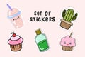 A set of stickers. Cactus, cake, drink. Kawaii colored drawings in cartoon style. Vector illustration in doodle style