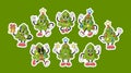 Set Of Stickers With Cartoon Retro Christmas Tree Characters In Groovy Style With Colorful Ball Decorations, And Lights