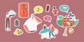 Set Stickers Characters Collect Magnet Souvenirs after Visiting Countries put on Refrigerator Door. People Save Memory
