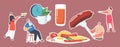 Set Stickers Characters Have English Full Fry Up Breakfast Bacon, Sausages with Fried Eggs, Beans and Toast with Tomato