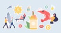 Set of Stickers with Characters Presenting Sources of Vitamin D Seafood, Organic Natural Products and Sunbathing