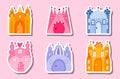 Set of stickers with childish fairy tale castles with towers of kings and queens. Bundle of magic medieval castles for