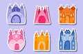 Set of stickers with childish fairy tale castles with towers of kings and queens. Bundle of magic medieval castles for