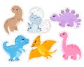 A set of stickers for children, drawn funny cute baby dinosaurs. Decor for decoration of holidays