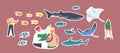 Set Stickers Children in Oceanarium, Little Characters Learn Marine Flora and Fauna, Underwater and Sea Animals Variety Royalty Free Stock Photo