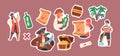 Set of Stickers Children Pirates on Secret Island, Funny Kids Wear Picaroon Costumes with Treasure Chest, Map or Bottle