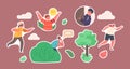 Set of Stickers Children Playing Hide and Seek in Park or Forest, Kids and Mother Characters Summer Fun and Recreation Royalty Free Stock Photo