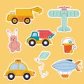 A set of stickers for children\'s toys. Car, hare, aeroplane