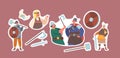 Set of Stickers Children in Viking Costumes, Little Boys and Girls Characters Wear Antique Suits Hold Sword, Hammer