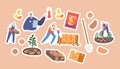 Set Of Stickers Chip Manufacturing Process, Food Industry Patches. Farmer With Crop, Worker With Tablet, Raw Potato