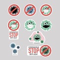 Set of stickers Coronavirus outbreak with sign stop, warning corona viruses, virus and lungs, mask on gray background.