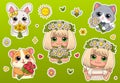 Set of stickers with cute animals and girl holding spring flowers - tulips, daffodils, daisies. Cartoon characters and Royalty Free Stock Photo