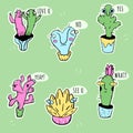 Set stickers of cute cactus in flowerpot.Collection of desert plants isolated.succulents with funny faces.Kawaii cactus Royalty Free Stock Photo