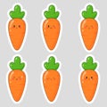 Set of stickers with cute cartoon carrot. Carrot emoji with different emotions. Flat vector