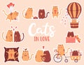 A set of stickers with cute cartoon cats. Cats in love. Riding a bicycle, flying in a balloon, holding a heart, hugging Royalty Free Stock Photo