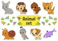 Set of stickers with cute cartoon characters. Animal clipart. Hand drawn. Colorful pack. Vector illustration. Patch badges Royalty Free Stock Photo