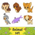 Set of stickers with cute cartoon characters. Animal clipart. Hand drawn. Colorful pack. Vector illustration. Patch badges Royalty Free Stock Photo